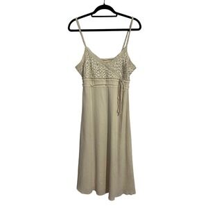 VTG Y2K Old Navy Cream Beaded Neutral Braided Faux Wrap Midi Dress Size 8 Medium